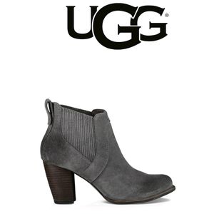 UGG Gray Suede Ankle Booties with Stacked Heel